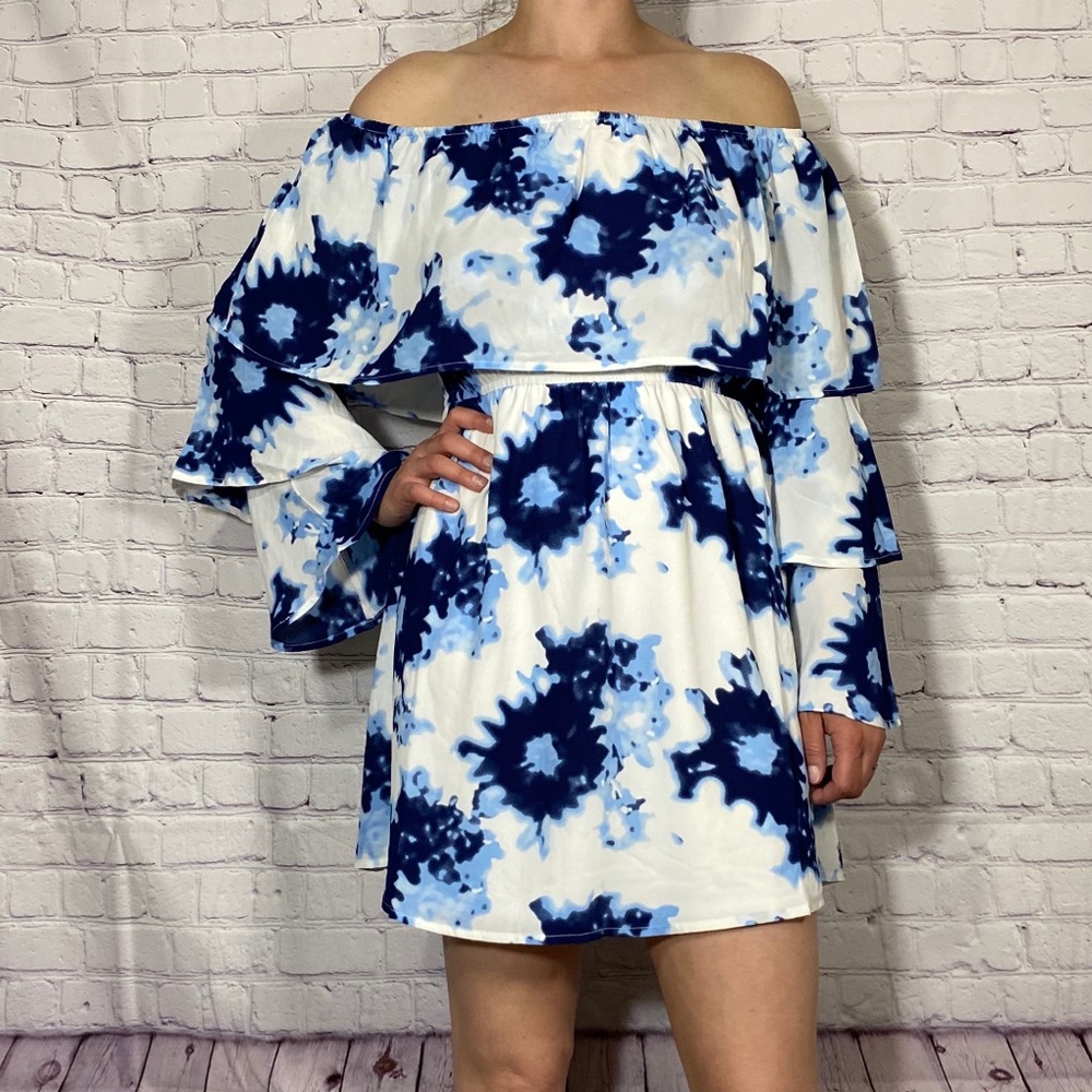 Blue tie dye off the shoulder dress
